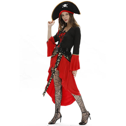 EtherealBe women's pirate costume with black and red dress, dramatic sleeves, and a pirate hat
