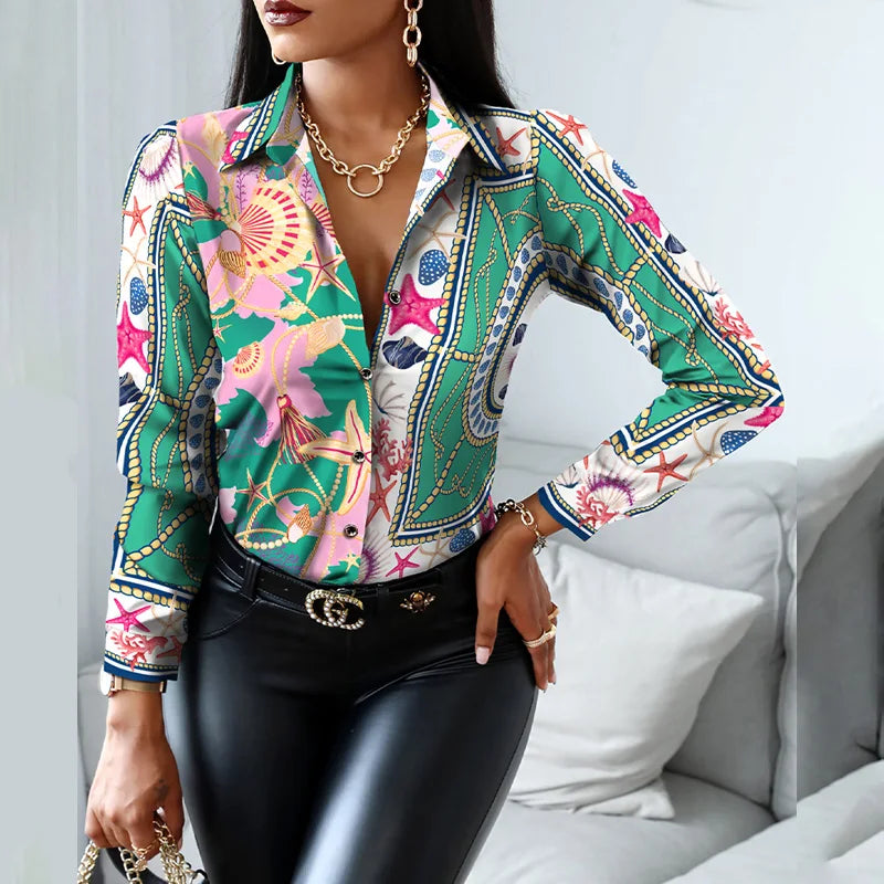 2024 Women Fashion Shirt Lady Long Sleeve Blouse Turn-down CollarButton Design Print  Casual Shirts