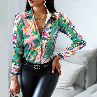2024 Women Fashion Shirt Lady Long Sleeve Blouse Turn-down CollarButton Design Print  Casual Shirts