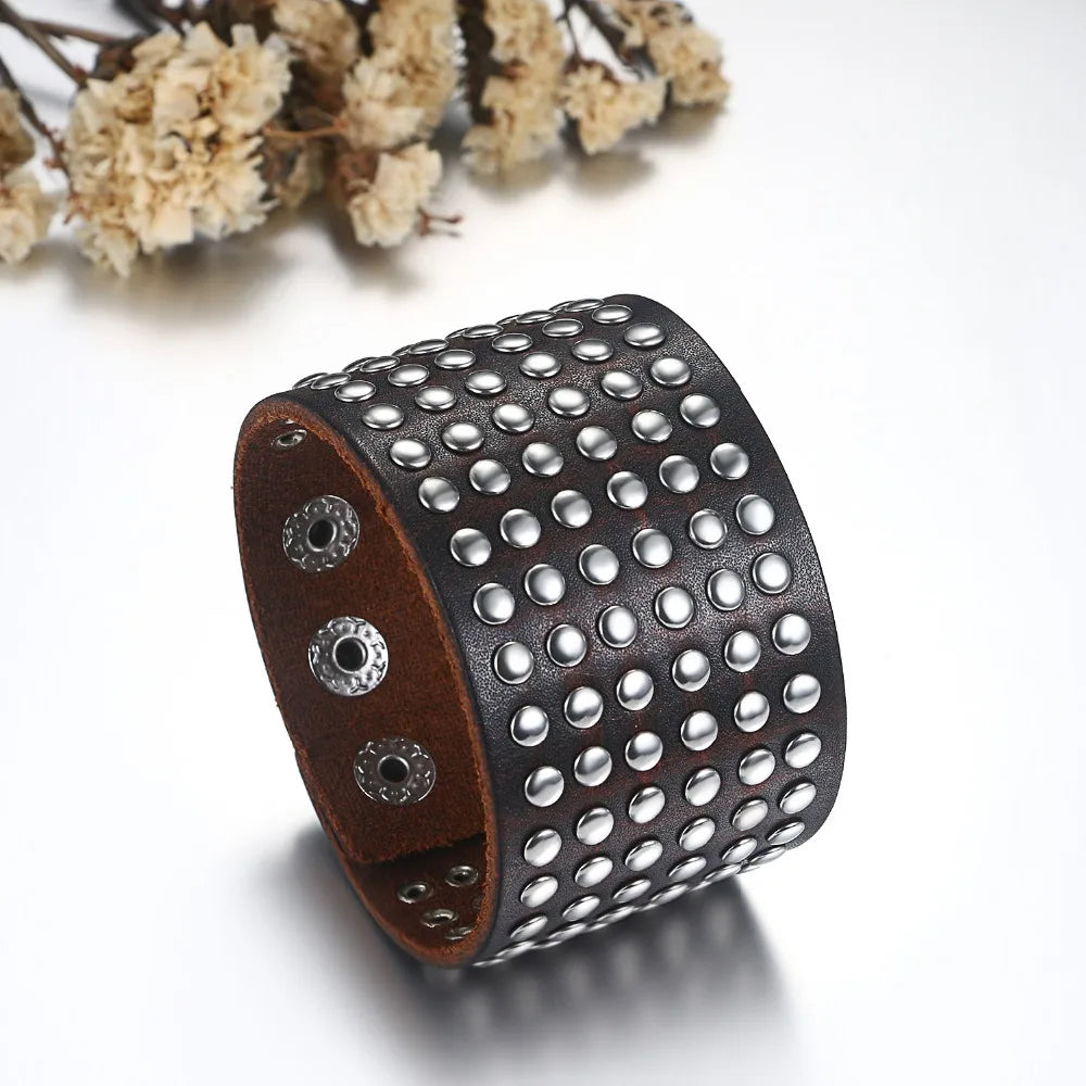BONISKISS 2020 Fashion Stud Spikes Rivet Adjustable Leather Wristband Bangle Cuff Bracelet Wide Cuff Punk style Cool Men Jewelry