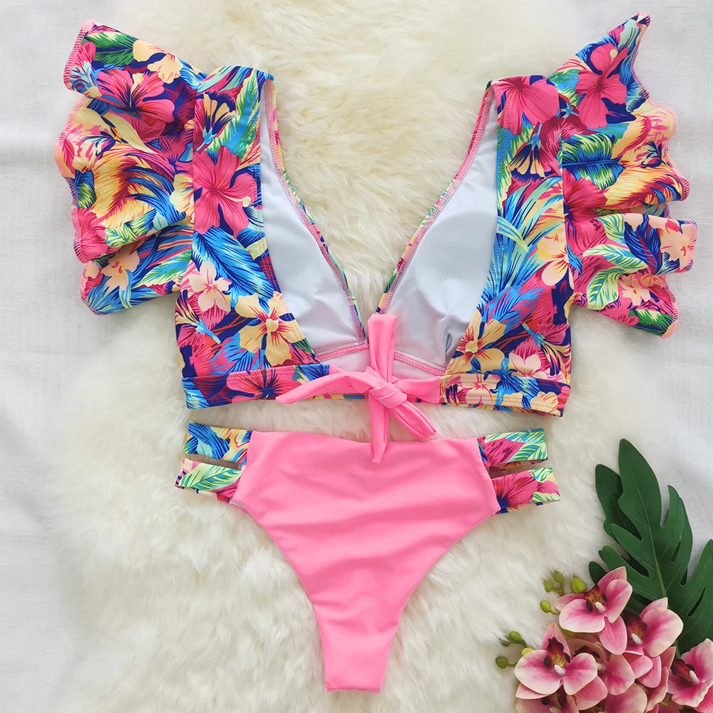 Tropical Style Women Bikini Set Ruffle Floral Printed High Waist Swimwear Summer Flower Swimsuit Biquini Bathing Suit Female