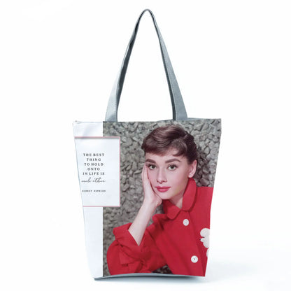 Audrey Hepburn Blowing Bubbles Printed Handbag Classic High Capacity Women Shoulder Bags Portable Eco Reusable Shopping Bags