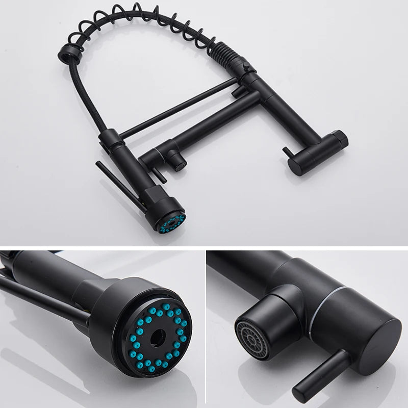 Wall Mounted Spring Kitchen Faucet Chrome Black Pull Down Sink Faucets Single Cold Water Dual Spouts Mixer 360 Rotation Crane