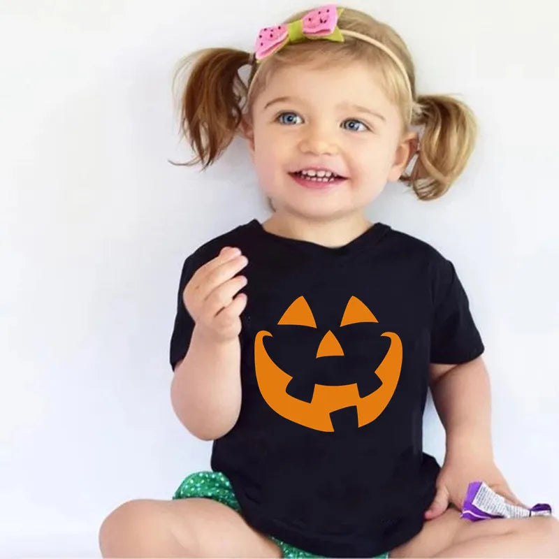 2021 Halloween Pumpkin Monster Print Children Girl Boy T-shirt Black Round Neck T Shirt Kids 2 to 10 Year Old Tees
