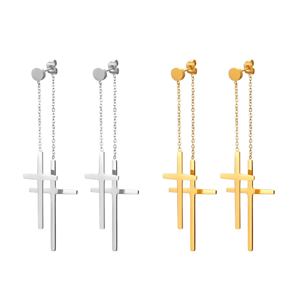 Boniskiss Fashion Tassel Double Cross long Drop Earrings Gold Silver Color Stainless Steel Woman Party Christmas Gift Jewelry