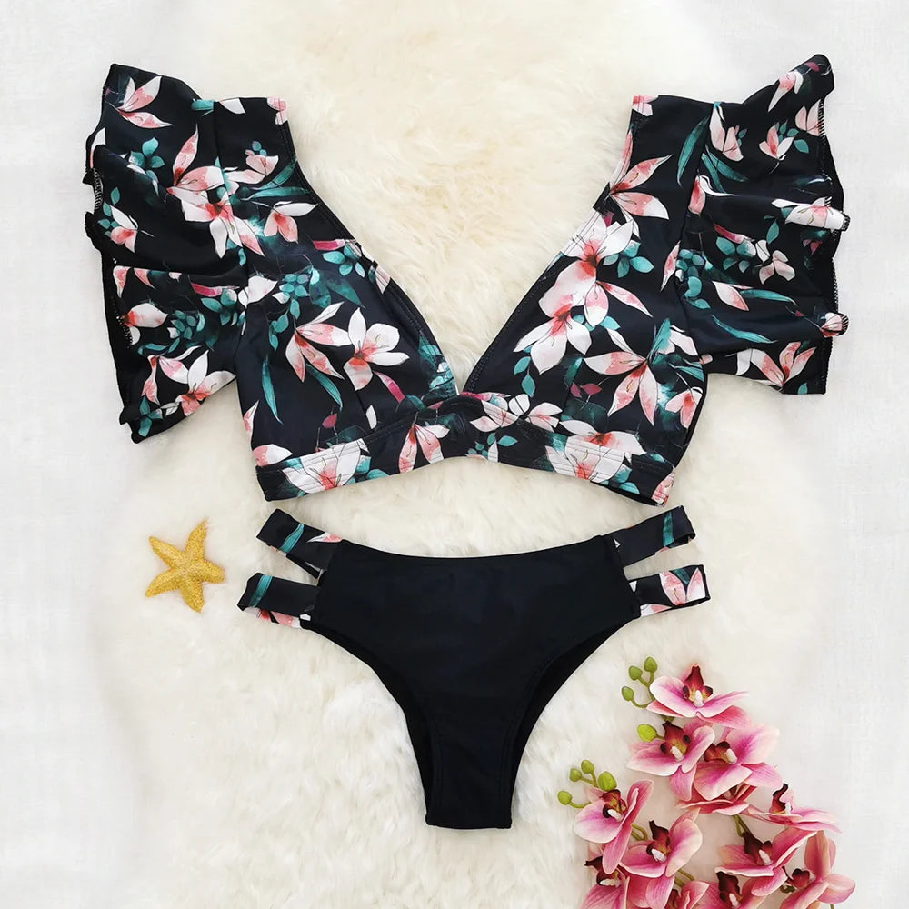 Tropical Style Women Bikini Set Ruffle Floral Printed High Waist Swimwear Summer Flower Swimsuit Biquini Bathing Suit Female