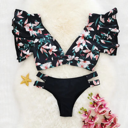 Tropical Style Women Bikini Set Ruffle Floral Printed High Waist Swimwear Summer Flower Swimsuit Biquini Bathing Suit Female