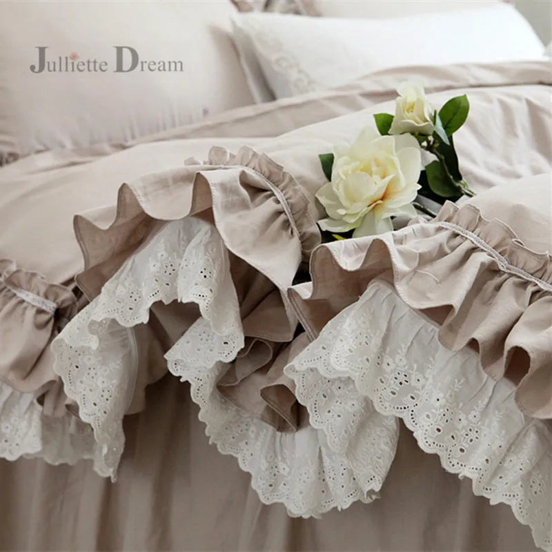 Top Luxury European Khaki bedding set ruffle lace duvet cover bedding elegant bedspread bed sheet for wedding decor bed clothes