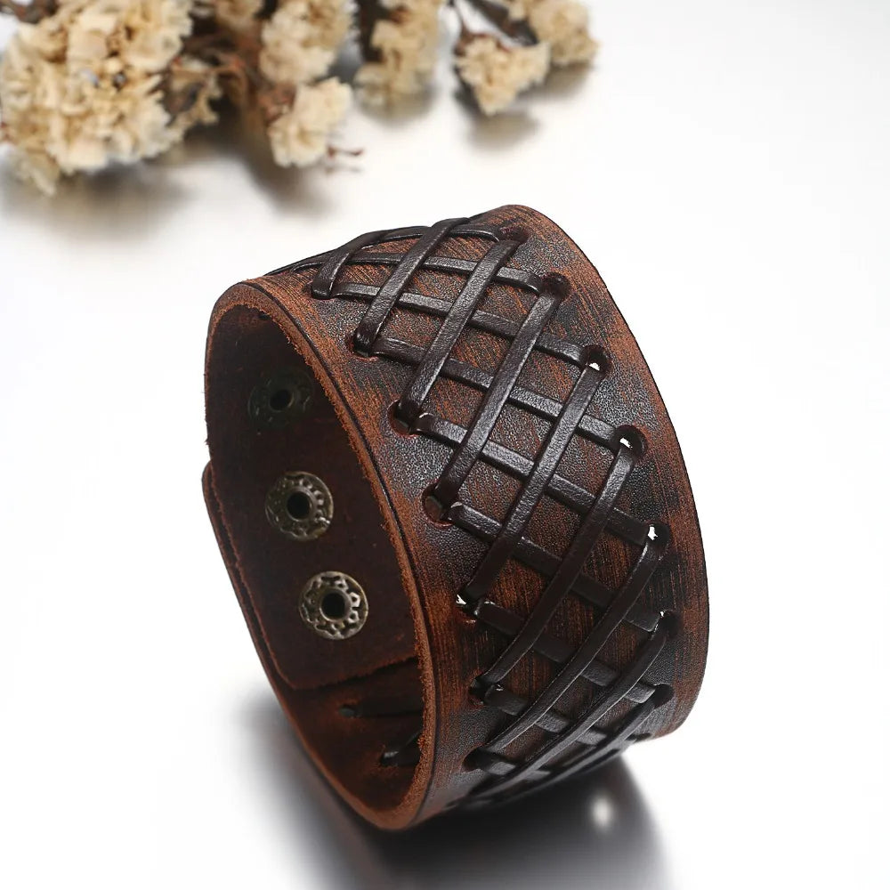 BONISKISS 2020 Fashion Stud Spikes Rivet Adjustable Leather Wristband Bangle Cuff Bracelet Wide Cuff Punk style Cool Men Jewelry