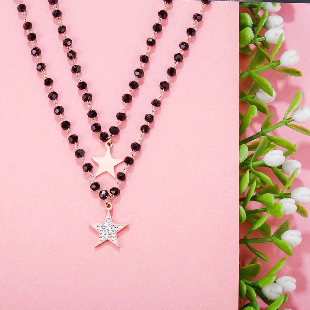 Fashion Double Layer Black Crystal Beads Necklace For Women Stainless Steel Star Choker Necklace Women's Jewelry femme Bijoux