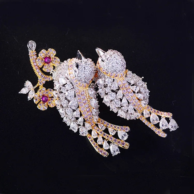 Trendy Floral Blooming Delicate Bird Zircon Exaggerated Brooch Luxury Temperament Flower Gold-plated Brooch Women New Year Gift