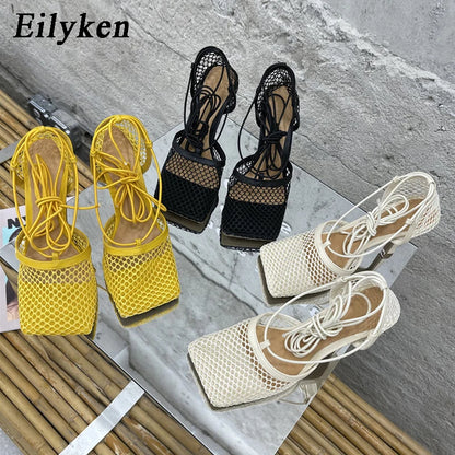 Eilyken 2023 New Sexy Mesh Pumps Sandals Female Square Toe High Heel Lace Up Cross-Tied Stiletto Hollow Shoes