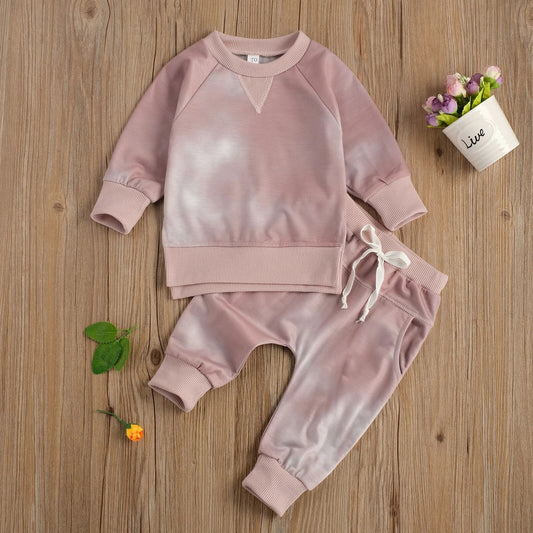 2 Pcs Newborn Baby Girls Boys Tie Dye Outfits, Infant Long Sleeve Round Neck Pullover + Tie Up Pants Pockets Spring Autumn