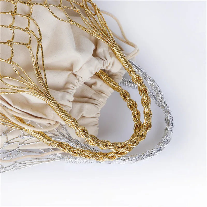 Gold silver 2 color bright paper ropes hollow woven handbag cotton lining straw bag female Reticulate handbag netted beach bag
