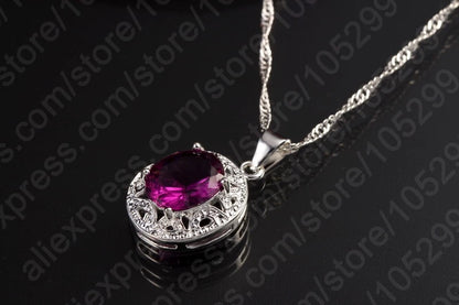 Elegant Women 925 Sterling Silver Color Purple Crystal Pendants Necklaces Earring Ring Set for Wedding Engagement Jewelry Gift