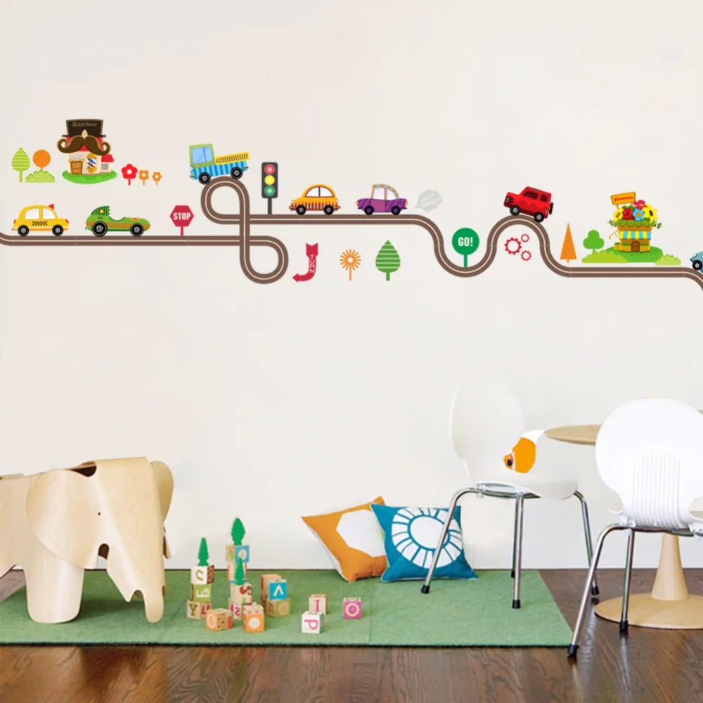 Cartoon Cars Highway Track Wall Stickers For Kids Rooms Sticker Children's Play Room Bedroom Decor Wall Art Decals
