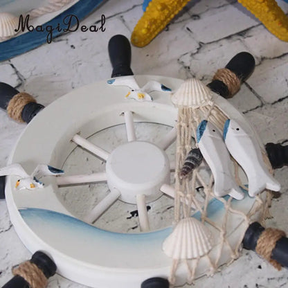 MagiDeal Wooden Ship Steering +Fishing Net Wall Hanging Decoration Dream Catcher Sea Craft Kids Room Home Decor Accs