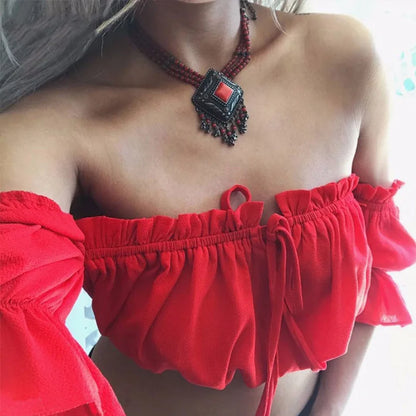 Crop tops women 2024 summer lantern sleeve sexy strapless beach tops  red black white ruched crop top tank top croptop