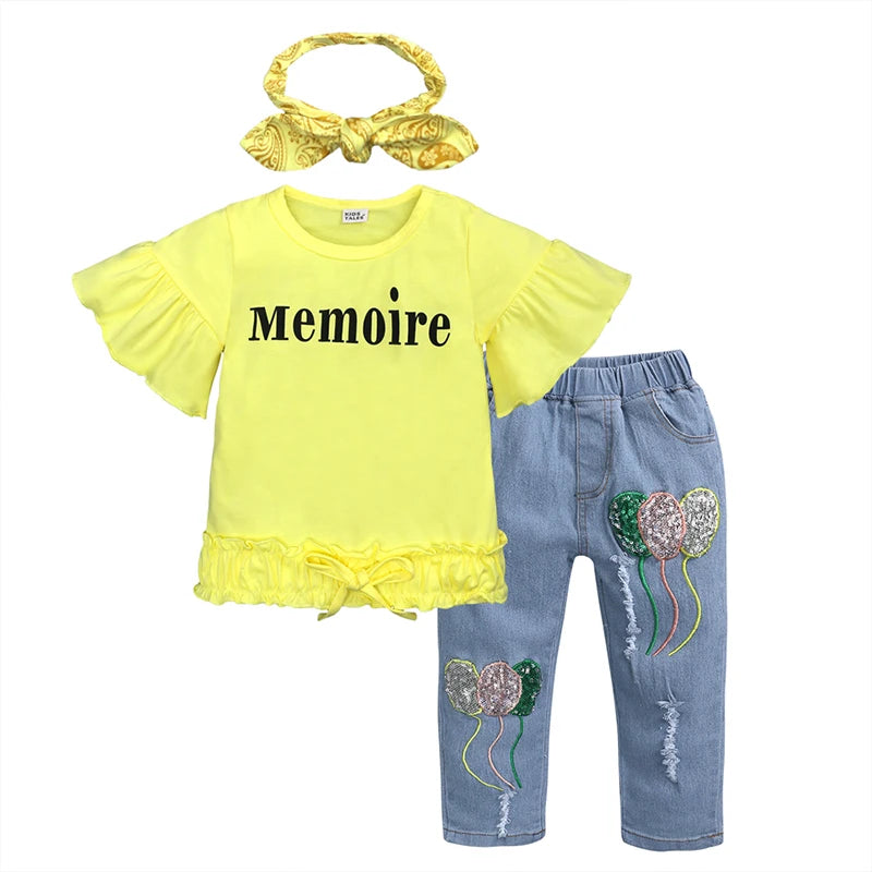 Children Sets for Girls Fashion 2025 New Style Girls Suits for Children Girls + Headband 3pcs. Set Cute Girls
