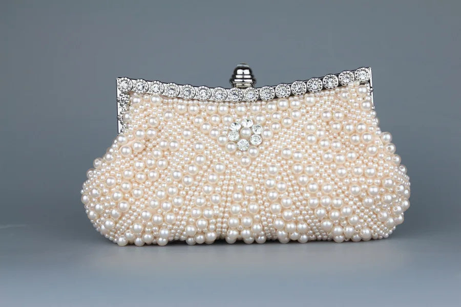DAIWEI Women Evening Clutch Bag Ladies Wedding Bridal Handbag Pearl Beaded Diamond Day Cluthes Crystal Purse Party Wedding Beige