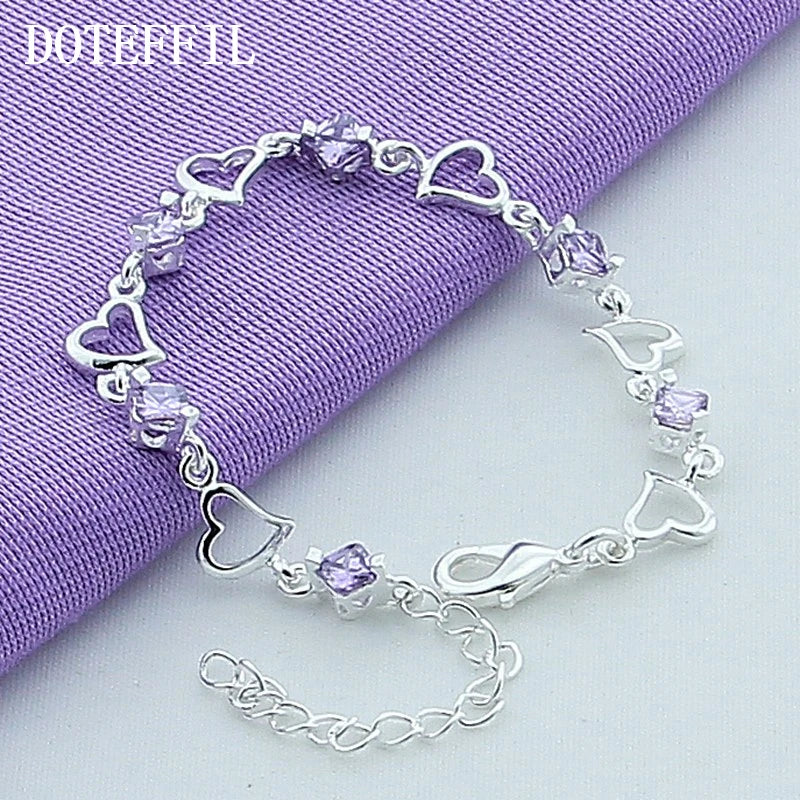 DOTEFFIL 925 Sterling Silver Heart Purple Zircon Bracelet For Women Jewelry Engagement Party Christmas Gift