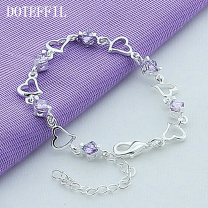 DOTEFFIL 925 Sterling Silver Heart Purple Zircon Bracelet For Women Jewelry Engagement Party Christmas Gift