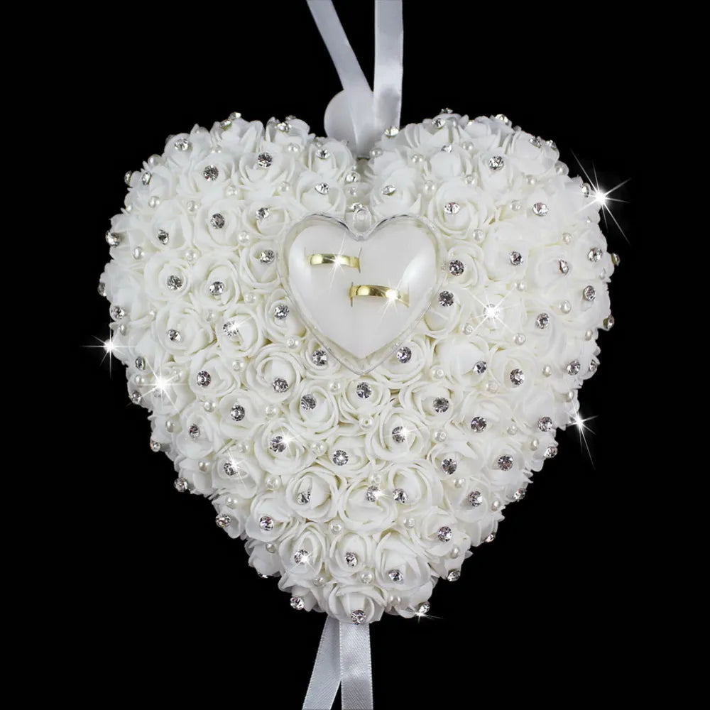 Wedding Favors Hang Ring Pillow With Transprent Box Heart Design Rhinestone And Pearl Decor Wedding Ring Cushion Decoration
