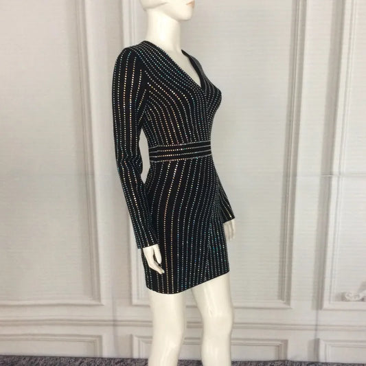 Sparkling Striped Long Sleeve Dress Black V-Neck Full Sleeve Women's Dress