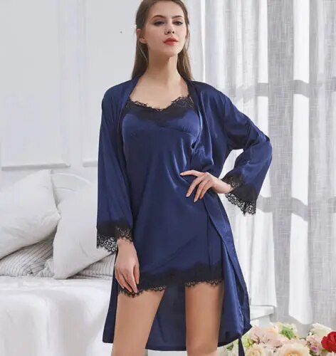 Womens Sexy Silk Satin Nightgrown Lace Long Sleeve Sleepwear Robes Night Gown Nightwear Women Clothing