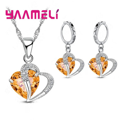 Bridal Jewelry Set Heart CZ Crystal 925 Sterling Silver Color Pendant Necklace Earrings for Women Wedding Anniversary Gifts