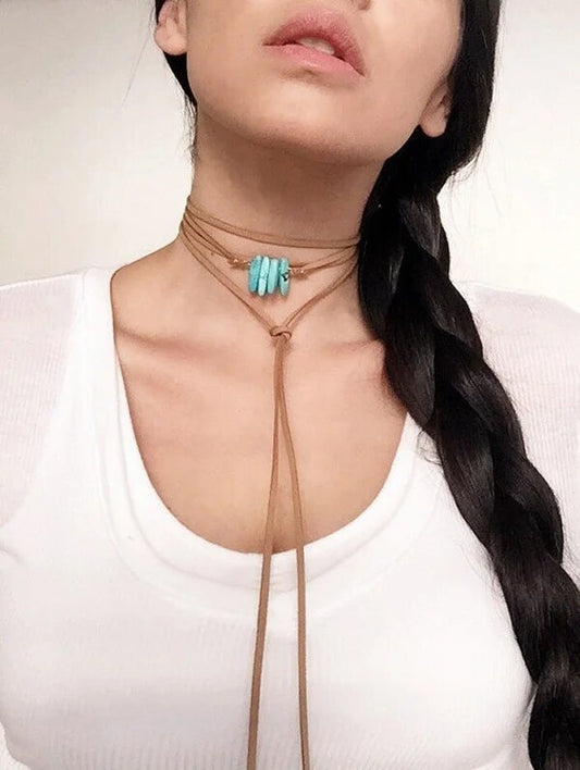 Fashion Jewelry Brown Rope Necklace Leather Turquoises Charm Bow Choker DIY Necklace Gift For Women Girl
