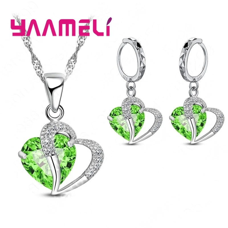 Bridal Jewelry Set Heart CZ Crystal 925 Sterling Silver Color Pendant Necklace Earrings for Women Wedding Anniversary Gifts