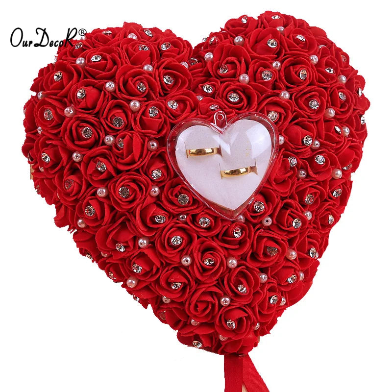 Wedding Favors Hang Ring Pillow With Transprent Box Heart Design Rhinestone And Pearl Decor Wedding Ring Cushion Decoration