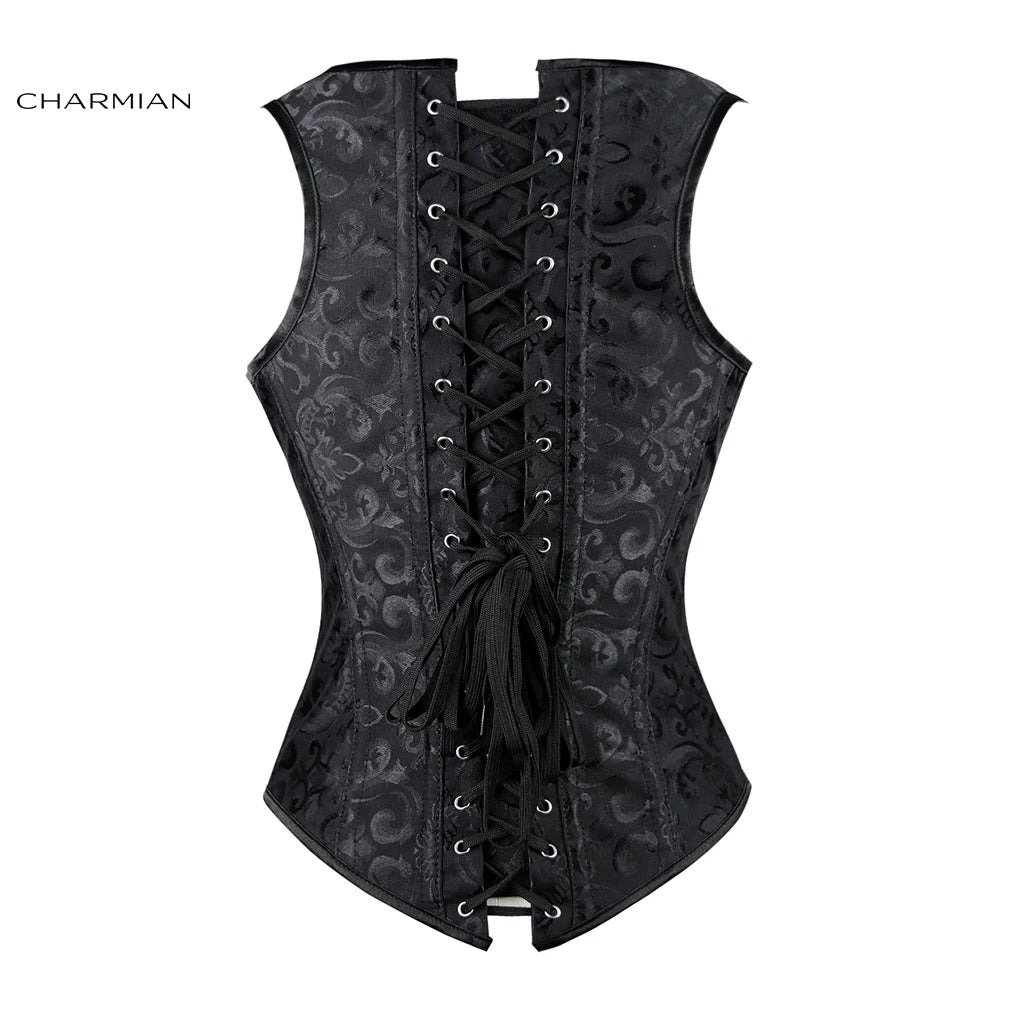 Charmian Women's Retro Plus Size Underbust Corset Vest Vintage Steel Boned Brocade Burlesque Waist Cincher Shapewear Waistcoat