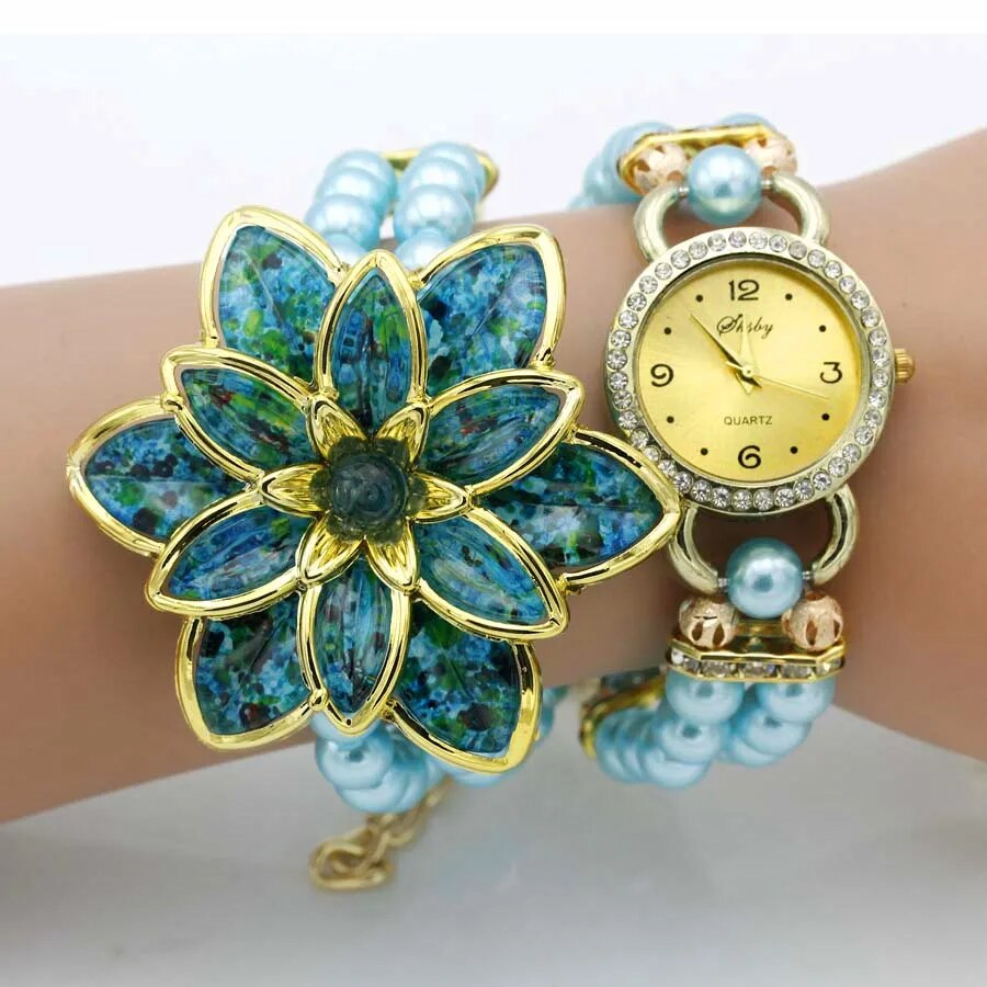 Shsby Fashion Women Rhinestone Watches  Ladies Pearl Strap Many Petals Flower Bracelet Quartz Wristwatches Women Dress Watches