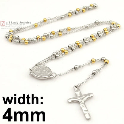Gokadima Stainless Steel Necklace Men Jewelry or Women Catholic Rosary Beads Chain Necklace Cross For Christmas Gift, 4mm / 6mm
