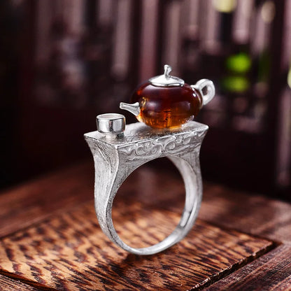 Lotus Fun Real 925 Sterling Silver Natural Amber Ring Original Handmade Fine Jewelry Vintage Cute Teapot Rings for Women Bijoux