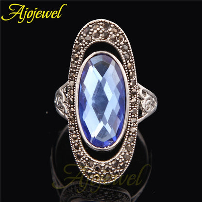 Ajojewel Women's Blue/Green Oval Crystal Ring Black CZ Vintage Finger Jewelry Wholesale Bague Femme Fashion Gift