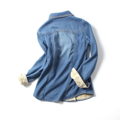 New Winter Ladies Thick Warm Denim Shirts Streetwear Slim Fit Lapel Collar Shirts Female Fleece Lining Jean Shirts S-2XL