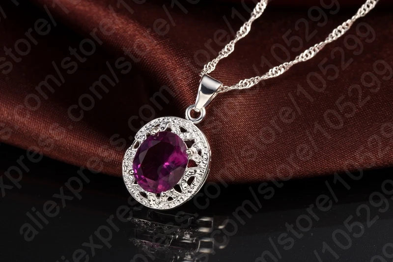 Elegant Women 925 Sterling Silver Color Purple Crystal Pendants Necklaces Earring Ring Set for Wedding Engagement Jewelry Gift