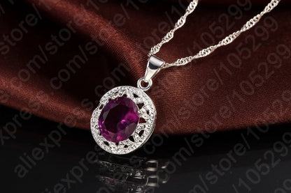 Elegant Women 925 Sterling Silver Color Purple Crystal Pendants Necklaces Earring Ring Set for Wedding Engagement Jewelry Gift