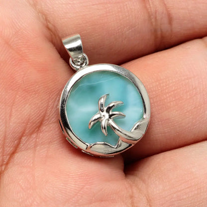 Beautiful Women's Jewelry 925 Sterling Silver Blue Natural Larimar Palm Tree Ocean Pendant Necklace For Gift