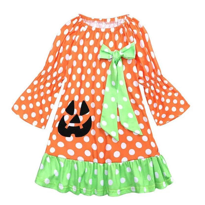 2018Baby Girl Halloween Dress Long sleeves Polka Dot Pumpkin Print Patchwork Princess Girls Holiday Party Costume 1-6Y