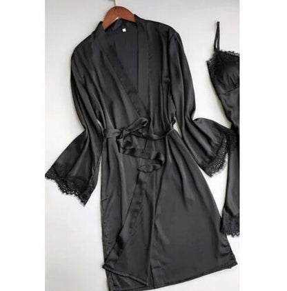 Womens Sexy Silk Satin Nightgrown Lace Long Sleeve Sleepwear Robes Night Gown Nightwear Women Clothing