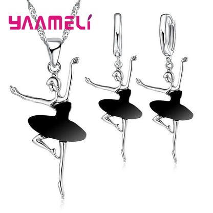 925 Sterling Silver Color Necklace/Earring Sets Sports Style Elegant Human Dance For Women Girl Birthday Party