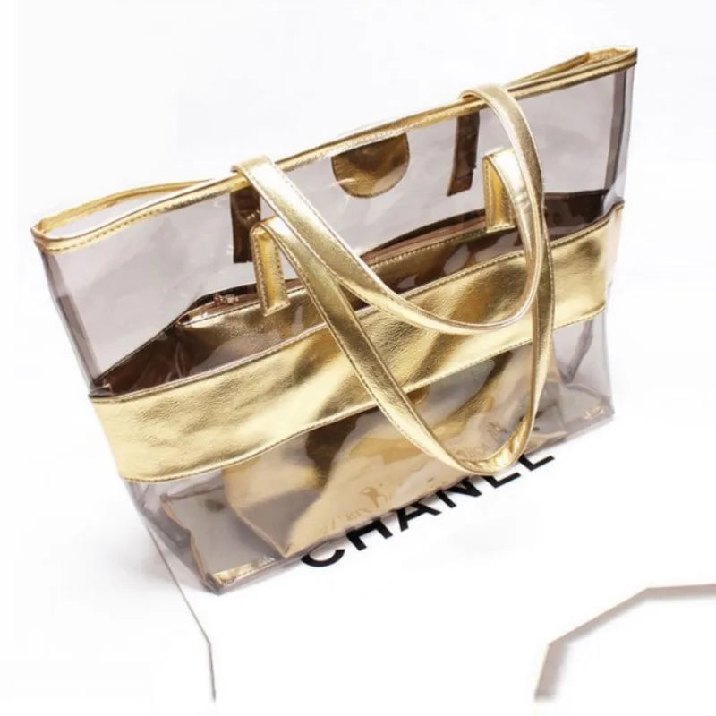 2 pcs set Women Summer Beach Bag PVC Transparent Composite Bags Set Shoulder Bag with Purse Waterproof Beach Tote Casual Bag