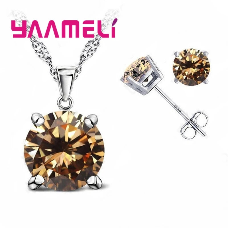 Fast Shipping 925 Serling Silver Color Shiny Cubic Zirconia Necklace Pendant Earrings Women Big Round Crystal Jewelry Sets