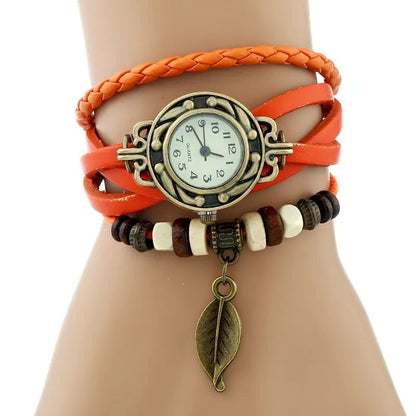 Gnova Platinum TOP Genuine Leather Bracelet Watch Women LEAF Vintage wristwatch Korean Fashion student school