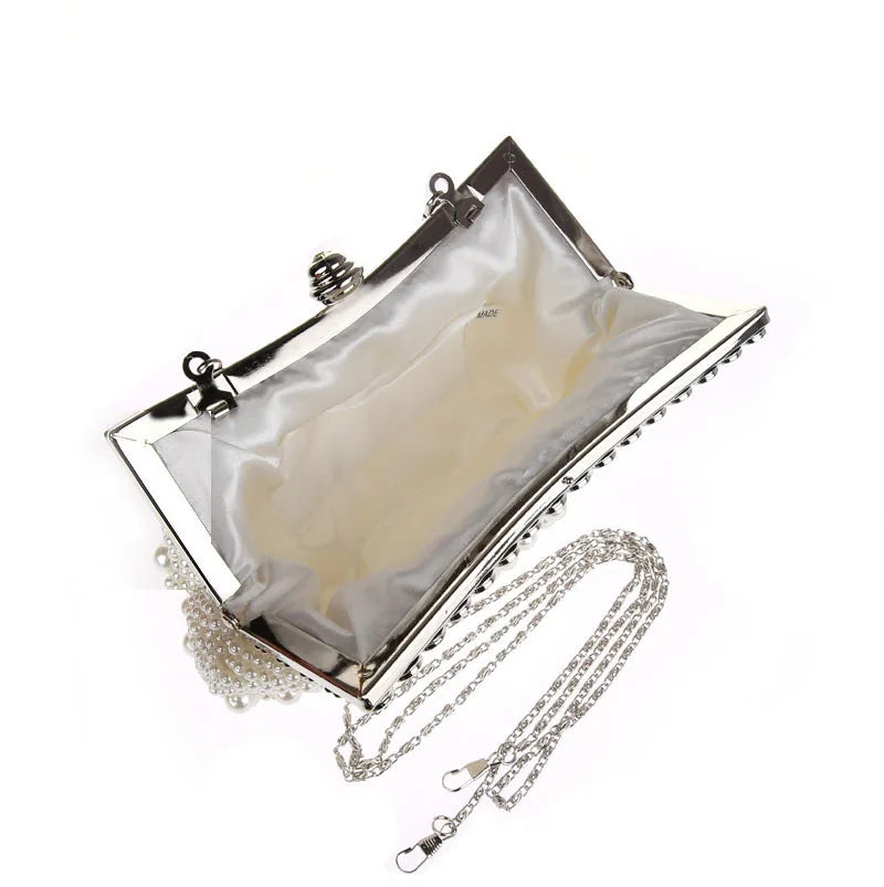DAIWEI Women Evening Clutch Bag Ladies Wedding Bridal Handbag Pearl Beaded Diamond Day Cluthes Crystal Purse Party Wedding Beige