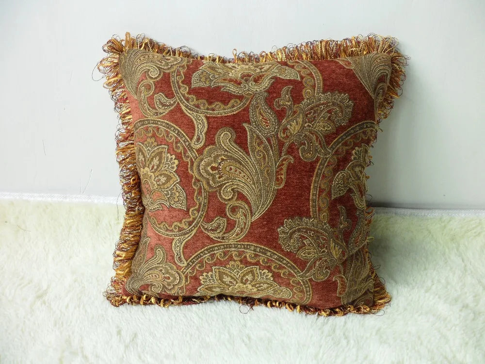 American Paisley Woven Classic Chenille Brick Red Pillow Cover Decorative Cushion Cover Square Pillow Case With Fringe 45x45cm